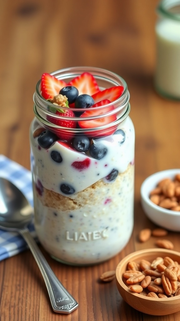A jar of overnight oats with berries and nuts on a wooden table, ready to eat.